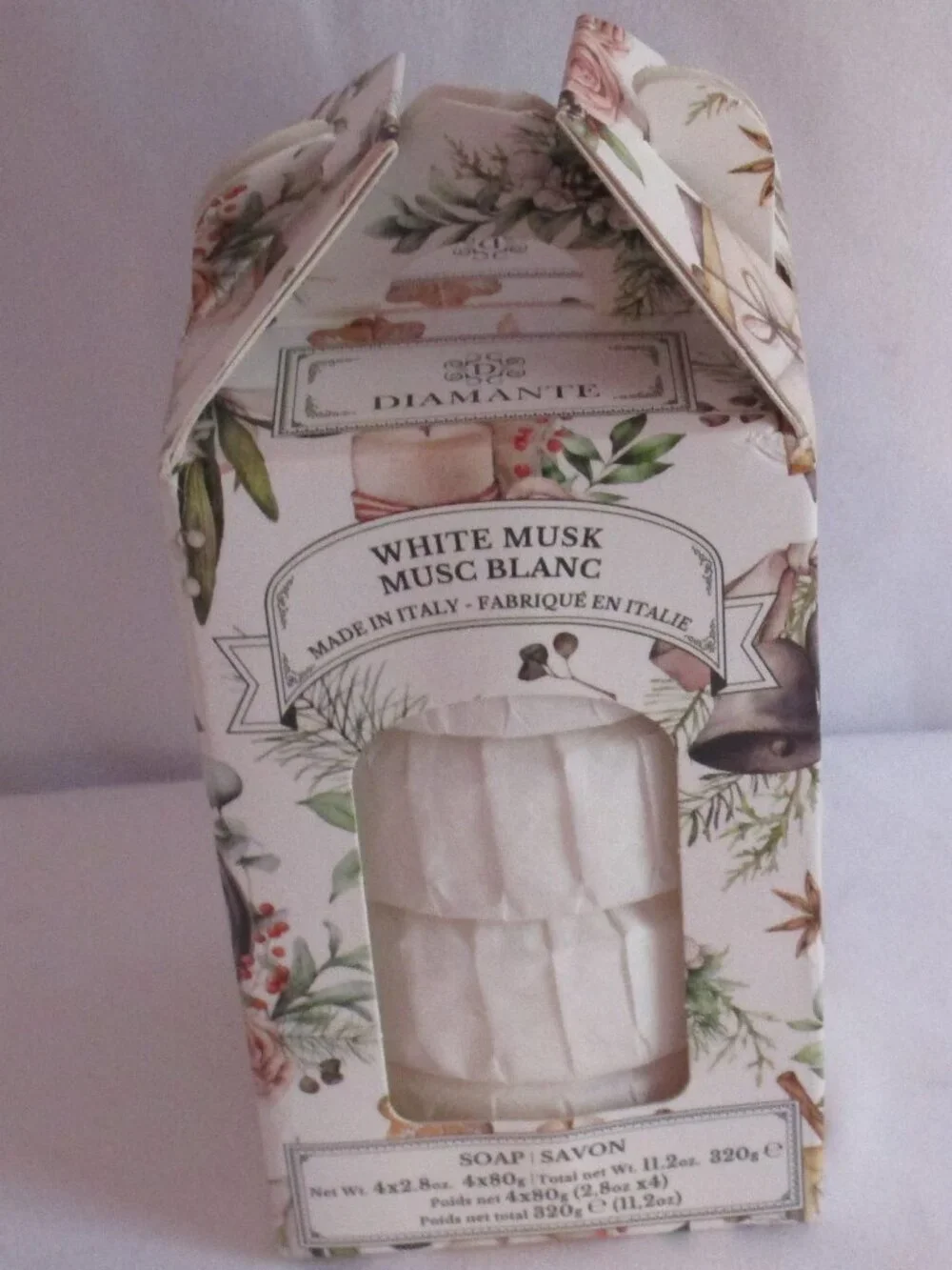 DIAMANTE WHITE MUSK Veg. Based Round Individually Wrapped Soaps 4x2.8 oz. Italy